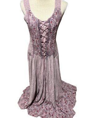 Cottagecore Prairie Maxi Dress M Corset Lace Up Floral Boho Romantic Coline